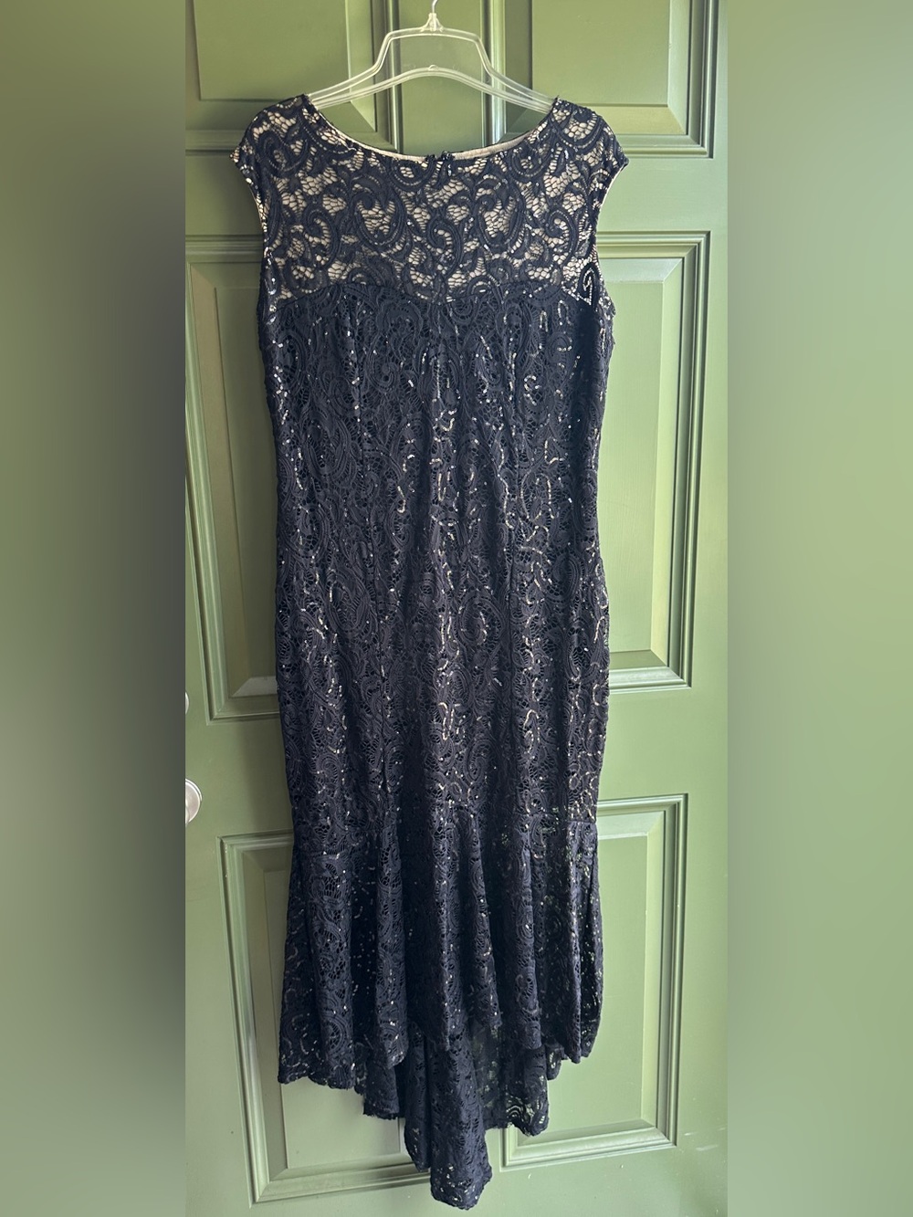 Marina Black Sequin Lace Dress Sleeveless With  Illusion Yoke Neckline Sz Large